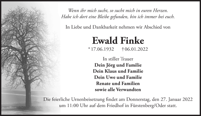  Traueranzeige für Ewald Finke vom 22.01.2022 aus Märkische Oderzeitung
