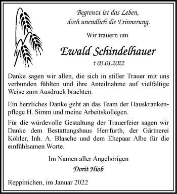 Traueranzeige von Ewald Schindelhauer von Märkische Oderzeitung