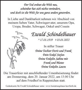 Traueranzeige von Ewald Schindelhauer von Märkische Oderzeitung