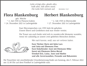 Traueranzeige von Flora und Herbert Blankenburg von Märkische Oderzeitung