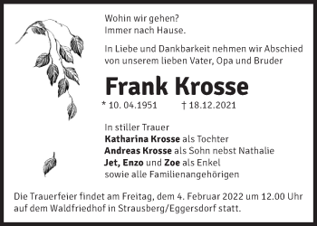 Traueranzeige von Frank Krosse von Märkische Oderzeitung