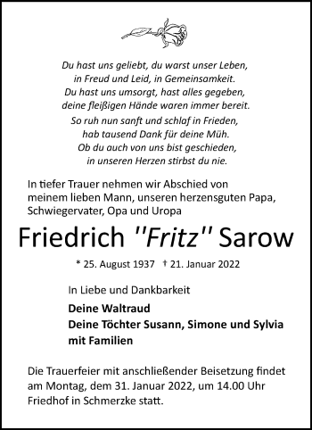 Traueranzeige von Friedrich  Sarow von Märkische Oderzeitung