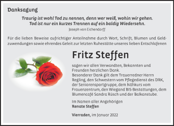 Traueranzeige von Fritz Steffen von Märkische Oderzeitung