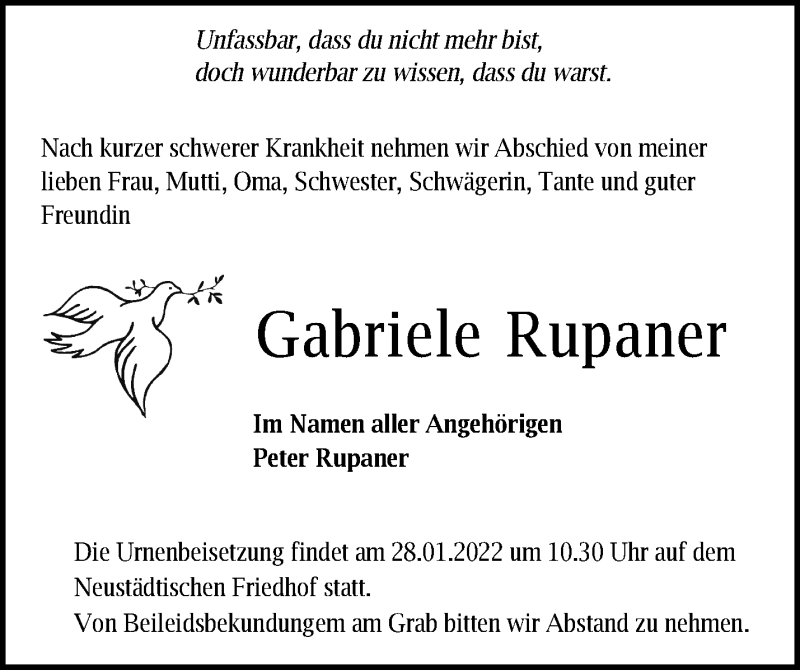  Traueranzeige für Gabriele Rupaner vom 16.01.2022 aus Märkische Oderzeitung