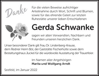 Traueranzeige von Gerda Schwanke von Märkische Oderzeitung