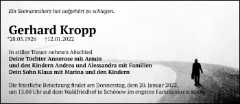 Traueranzeige von Gerhard Kropp von Märkische Oderzeitung