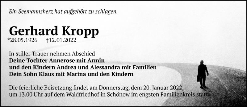  Traueranzeige für Gerhard Kropp vom 15.01.2022 aus Märkische Oderzeitung