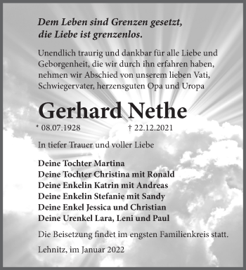 Traueranzeige von Gerhard Nethe von Märkische Oderzeitung