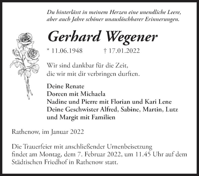  Traueranzeige für Gerhard Wegener vom 23.01.2022 aus Märkische Oderzeitung