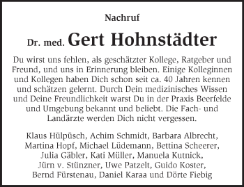 Traueranzeige von Gert Hohnstädter von Märkische Oderzeitung