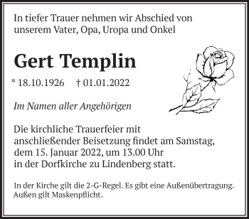 Traueranzeige von Gert Templin von Märkische Oderzeitung