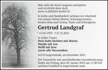 Traueranzeige von Gertrud Landgraf von Märkische Oderzeitung