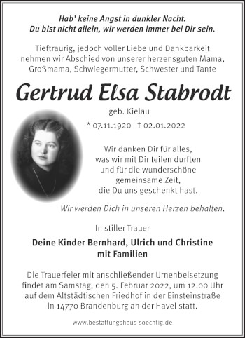 Traueranzeige von Gertrud Elsa Stabrodt von Märkische Oderzeitung