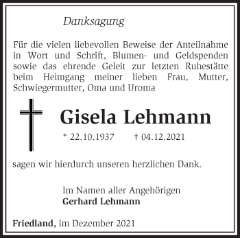 Traueranzeige von Gisela Lehmann von Märkische Oderzeitung