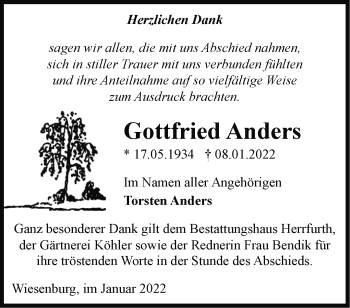 Traueranzeige von Gottfried Anders von Märkische Oderzeitung