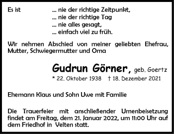 Traueranzeige von Gudrun Görner von Märkische Oderzeitung