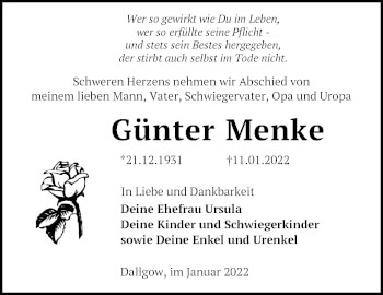 Traueranzeige von Günter Menke von Märkische Oderzeitung