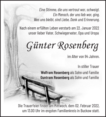 Traueranzeige von Günter Rosenberg von Märkische Oderzeitung