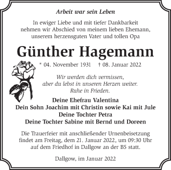 Traueranzeige von Günther Hagemann von Märkische Oderzeitung