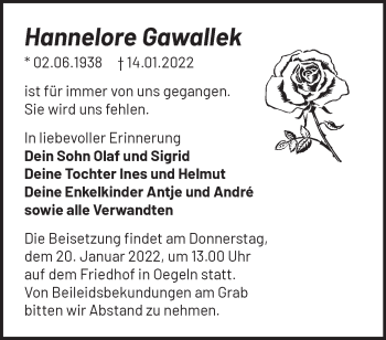 Anzeige Hannelore Gawallek