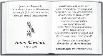 Traueranzeige von Hans Bloedorn von Märkische Oderzeitung