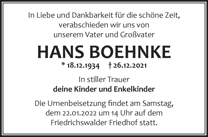  Traueranzeige für Hans Boehnke vom 14.01.2022 aus Märkische Oderzeitung