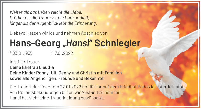 Traueranzeige für Hans-Georg Schniegler vom 20.01.2022 aus Märkische Oderzeitung