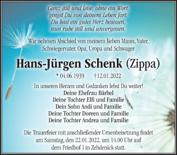 Anzeige Hans-Jürgen Schenk
