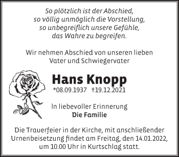 Traueranzeige von Hans Knopp von Märkische Oderzeitung