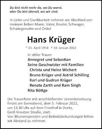 Traueranzeige von Hans Krüger von Märkische Oderzeitung