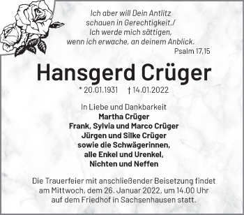Anzeige Hansgerd Crüger