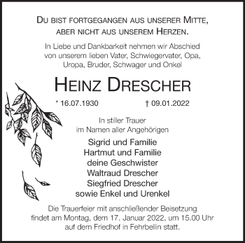 Traueranzeige von Heinz Drescher von Märkische Oderzeitung