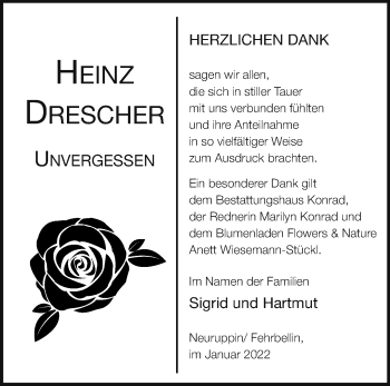 Traueranzeige von Heinz Drescher von Märkische Oderzeitung