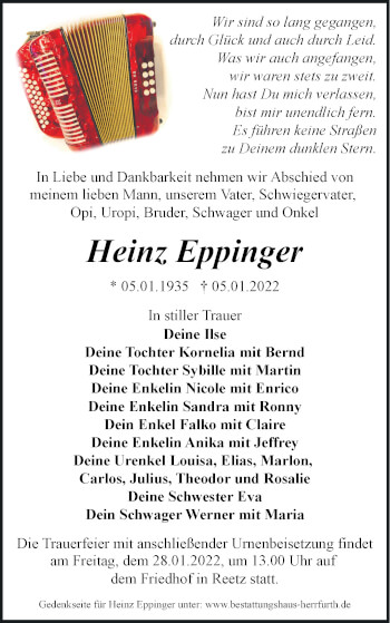 Traueranzeige von Heinz Eppinger von Märkische Oderzeitung