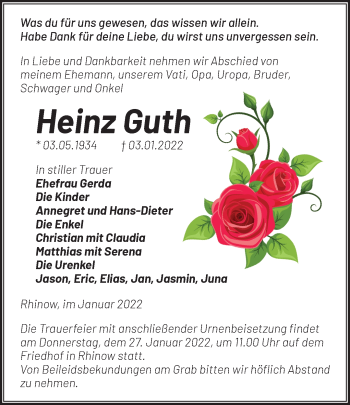 Traueranzeige von Heinz Guth von Märkische Oderzeitung