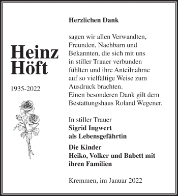 Traueranzeige von Heinz Höft von Märkische Oderzeitung