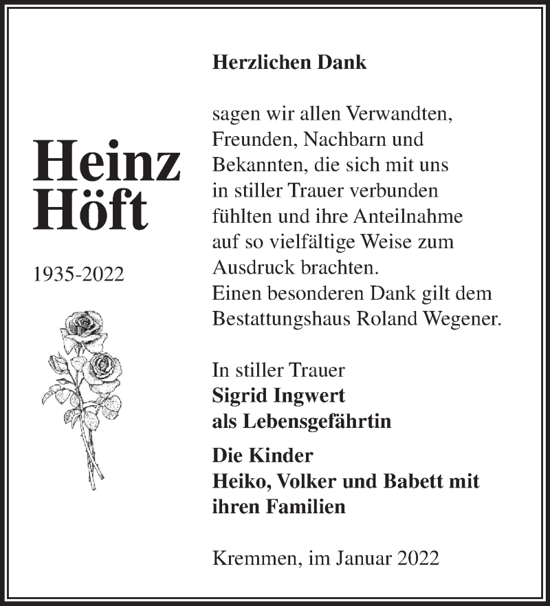  Traueranzeige für Heinz Höft vom 29.01.2022 aus Märkische Oderzeitung