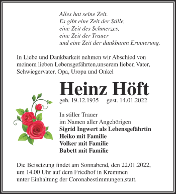 Traueranzeige von Heinz Höft von Märkische Oderzeitung