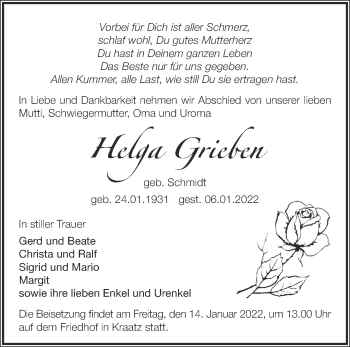 Traueranzeige von Helga Grieben von Märkische Oderzeitung