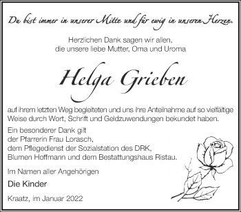 Traueranzeige von Helga Grieben von Märkische Oderzeitung