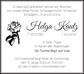 Traueranzeige von Helga Kautz von Märkische Oderzeitung