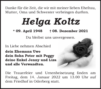 Traueranzeige von Helga Koltz von Märkische Oderzeitung