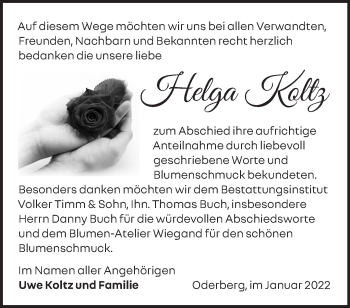 Traueranzeige von Helga Koltz von Märkische Oderzeitung