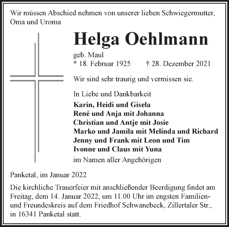  Traueranzeige für Helga Oehlmann vom 08.01.2022 aus Märkische Oderzeitung