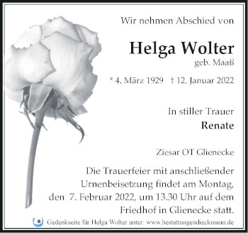 Traueranzeige von Helga Wolter von Märkische Oderzeitung