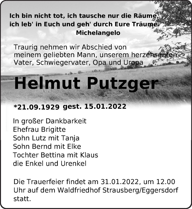  Traueranzeige für Helmut Putzger vom 20.01.2022 aus Märkische Oderzeitung