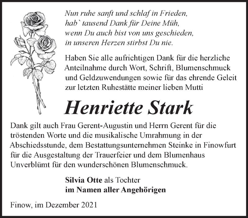  Traueranzeige für Henriette Stark vom 02.01.2022 aus Märkische Oderzeitung