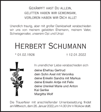 Traueranzeige von Herbert Schumann von Märkische Oderzeitung