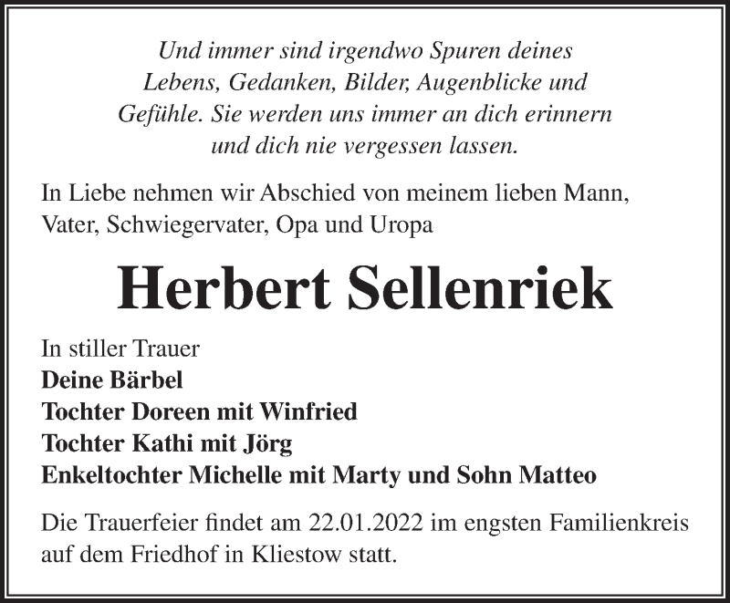  Traueranzeige für Herbert Sellenriek vom 08.01.2022 aus Märkische Oderzeitung