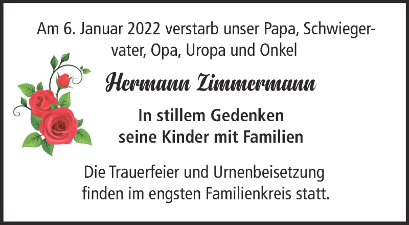  Traueranzeige für Hermann Zimmermann vom 14.01.2022 aus Märkische Oderzeitung